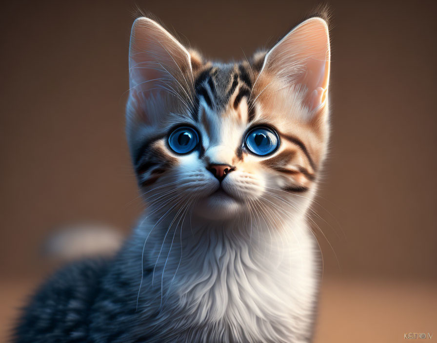 Tabby Kitten with Blue Eyes and Fluffy Fur on Brown Background