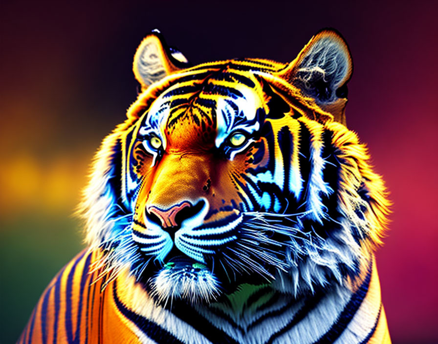 Colorful Tiger Portrait with Vibrant Stripes on Rainbow Background