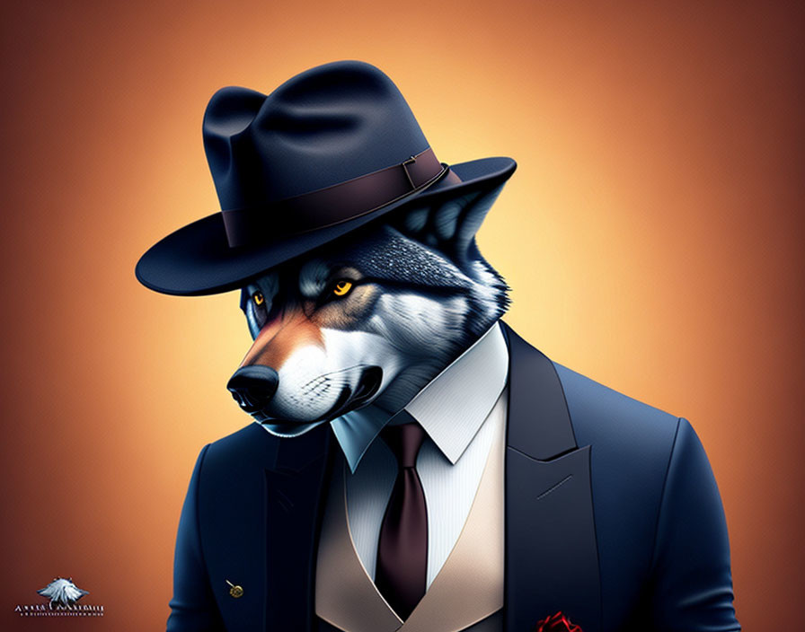 Wolf in Suit and Fedora Hat with Orange Background