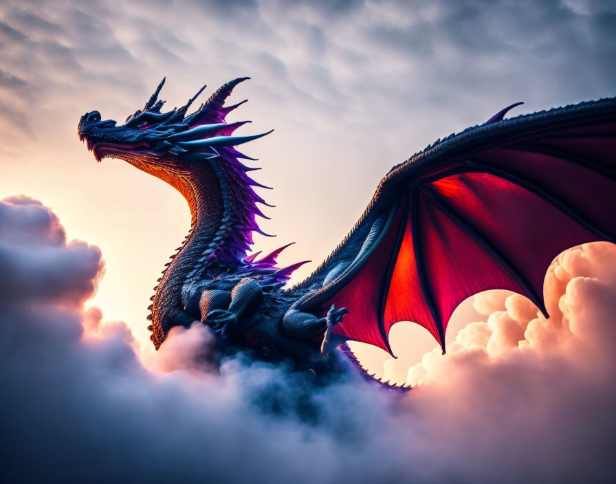 Purple-Scaled Dragon Soaring with Outstretched Red Wings