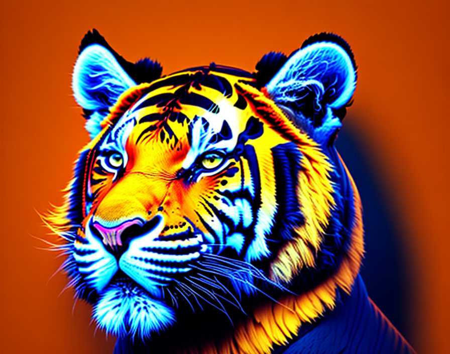 Vibrant digital art: Tiger in neon blue and orange on orange background