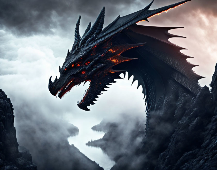 Black dragon with red eyes flying in stormy sky between cliffs