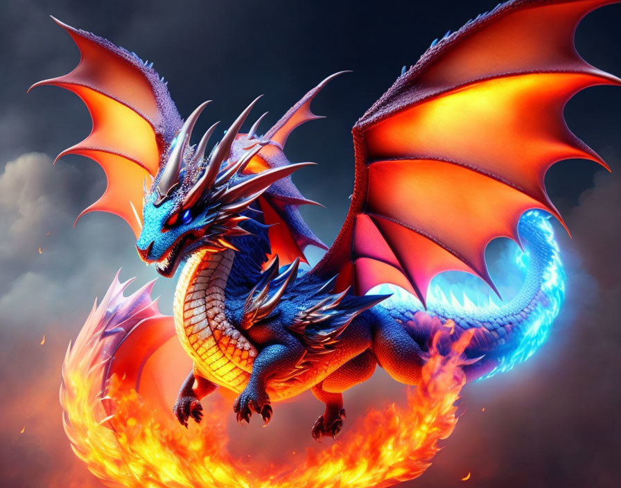 Majestic blue dragon with fiery orange wings in flames on stormy sky.