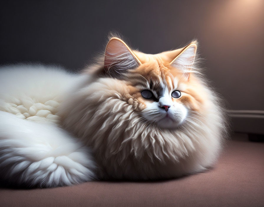 Fluffy Maine Coon Cat with Bushy Tail and Blue Eyes in Soft Light