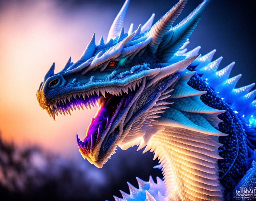 Detailed Blue Dragon Illustration Breathing Fire in Dusky Sky
