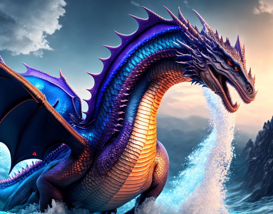 Blue and Purple Dragon with Scales and Wings by the Sea