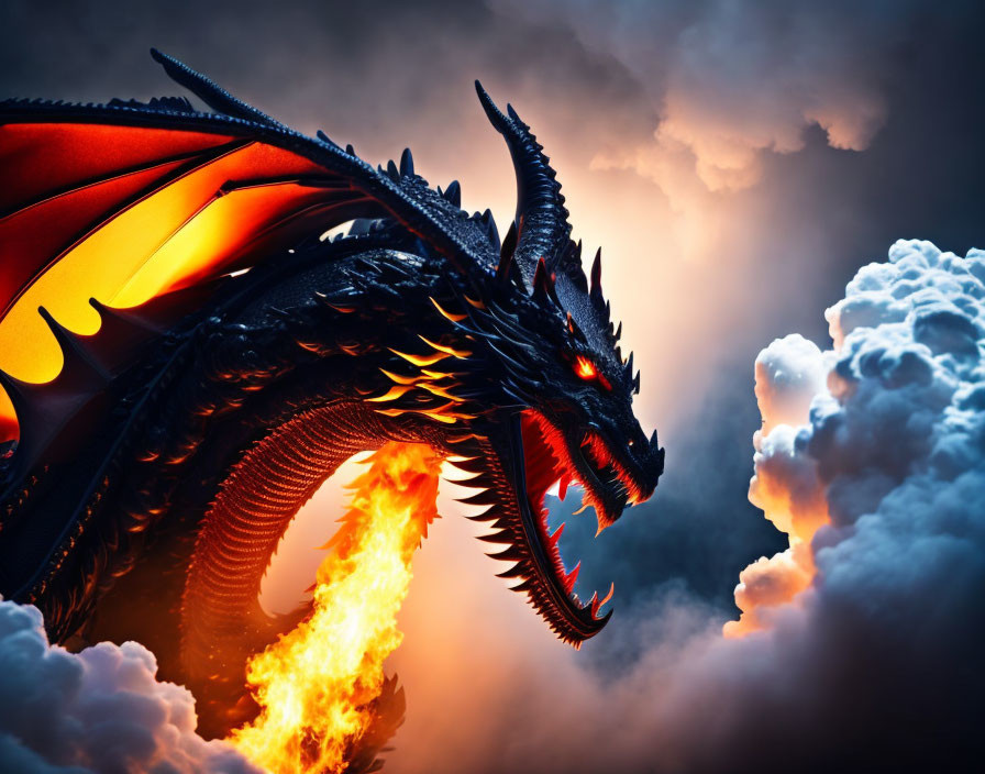 Black dragon breathing fire against dramatic sky with billowing clouds