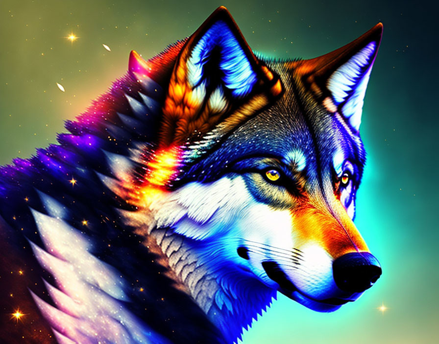 Colorful Wolf Artwork with Cosmic Background