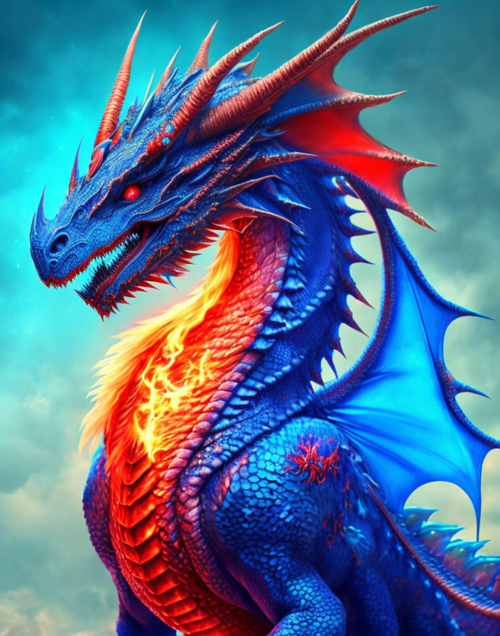 Colorful Dragon with Blue and Red Scales, Fiery Orange Underbelly, Sharp Horns