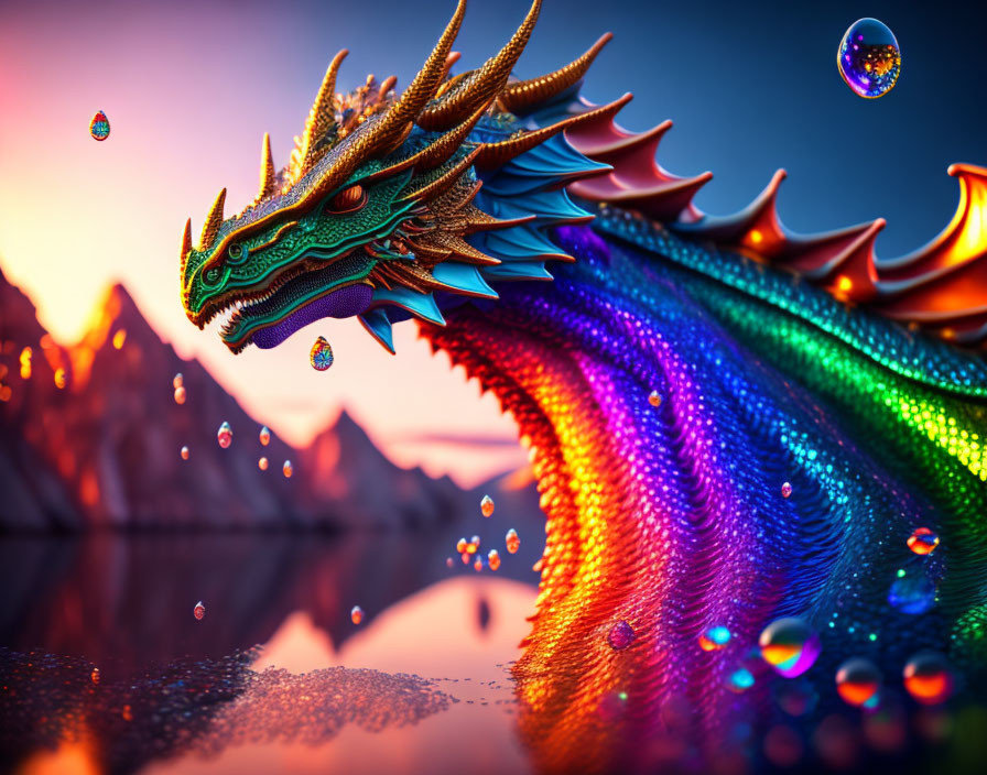 Iridescent dragon with intricate scales and horns in sunset scenery