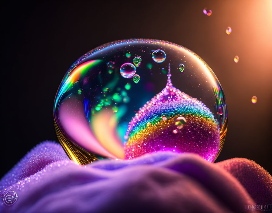Colorful Soap Bubble with Smaller Bubbles on Dark Background