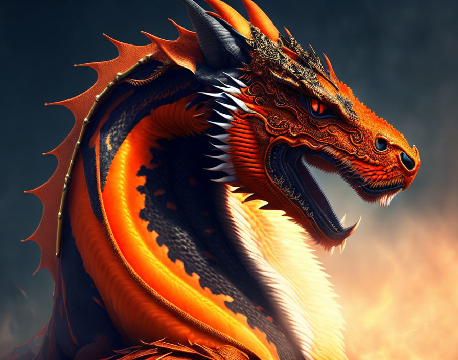 Detailed Orange Dragon with Horns and Spikes Exhaling Smoke on Dark Background