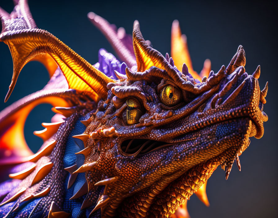 Detailed fantastical dragon with vibrant orange eyes and intricate blue scales