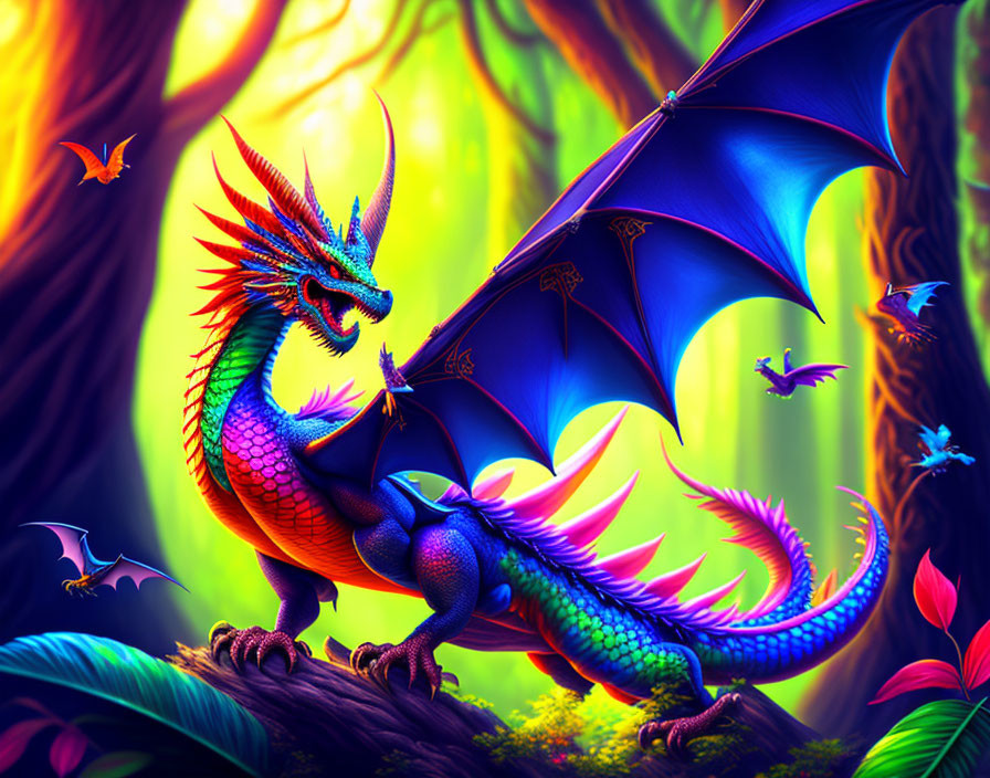 Colorful Dragon with Spread Wings in Fantastical Forest surrounded by Butterflies