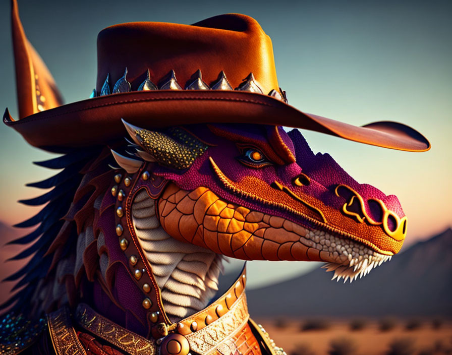 Colorful Dragon in Cowboy Hat and Vest in Desert Sunset