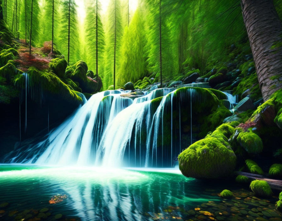 Serene waterfall in lush green forest with clear pool