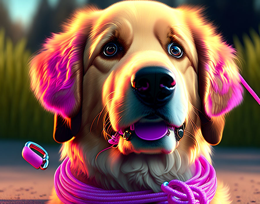 Golden Retriever with Purple Leash and Ball in Mouth