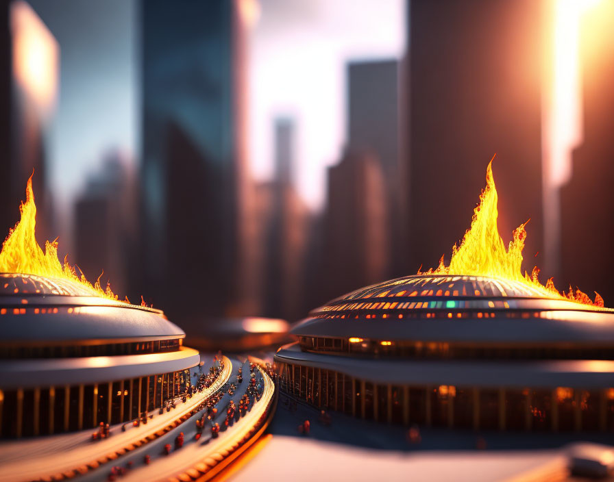Futuristic cityscape with flaming domes at sunset among skyscrapers