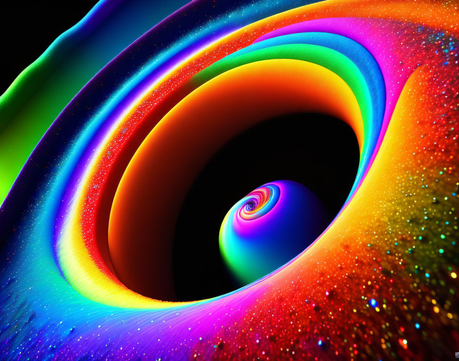 Colorful digital fractal art: Blue to red swirls on black background