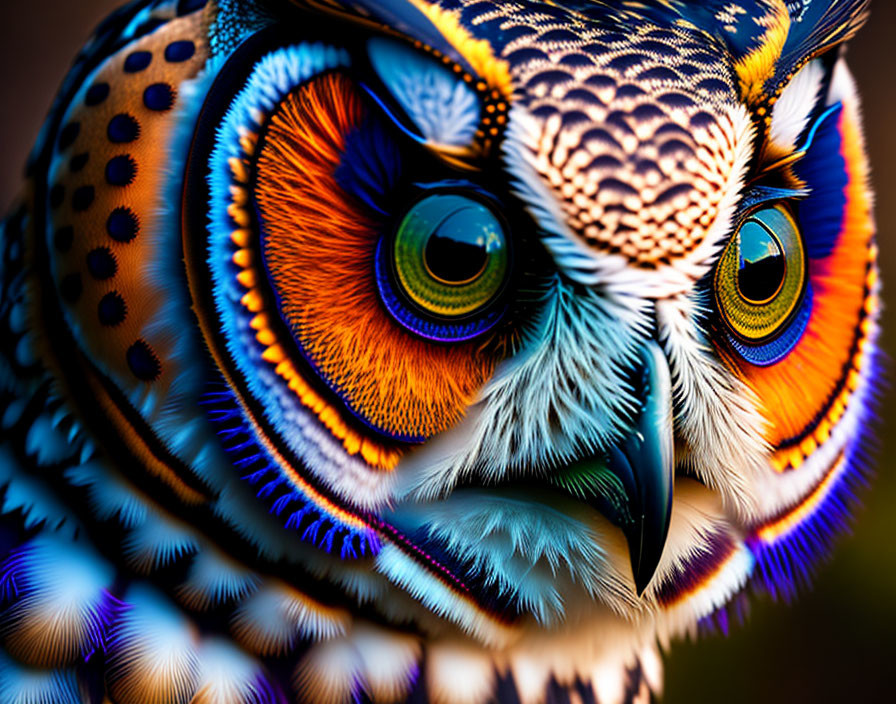 Colorful Owl Close-Up: Orange, Blue, and White Feathers, Captivating Eyes