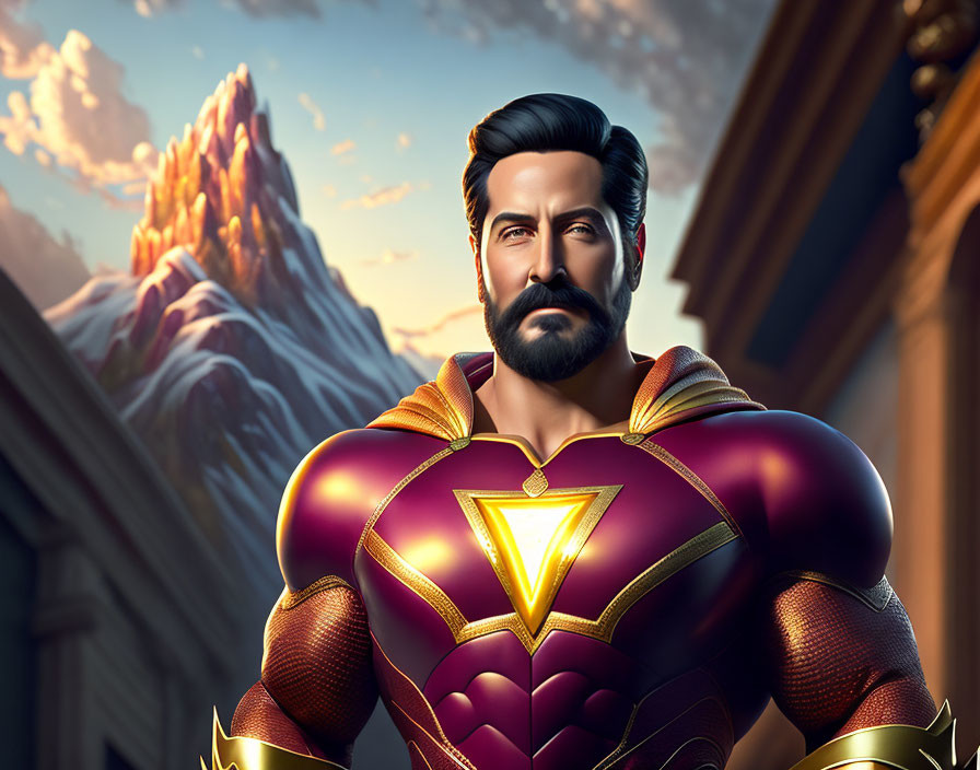 Bearded superhero in red and gold costume against mountain backdrop