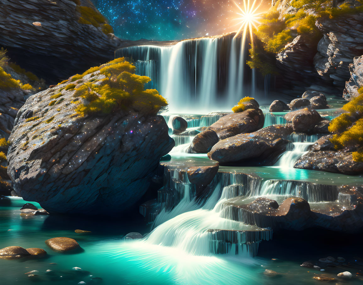 Majestic waterfall over rocks with sunburst, lush greenery, turquoise pool, starry sky