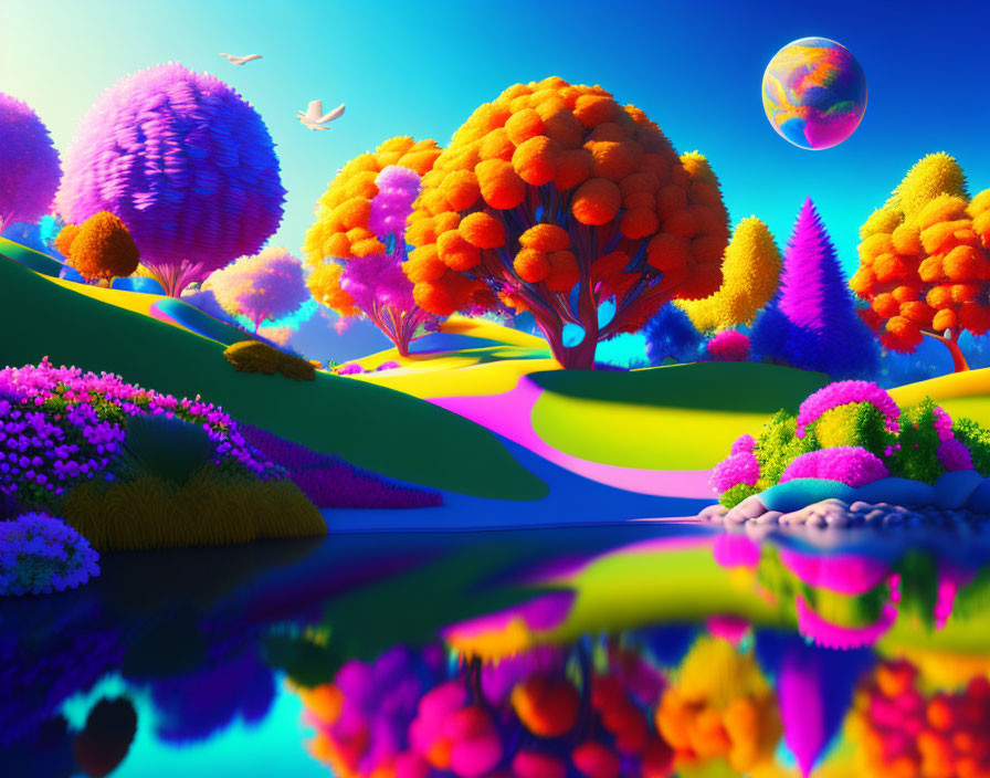 Colorful trees, serene lake, birds, and whimsical planet in vibrant fantasy landscape