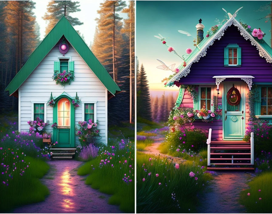 Vibrant cottages in lush garden setting at dusk with whimsical lighting