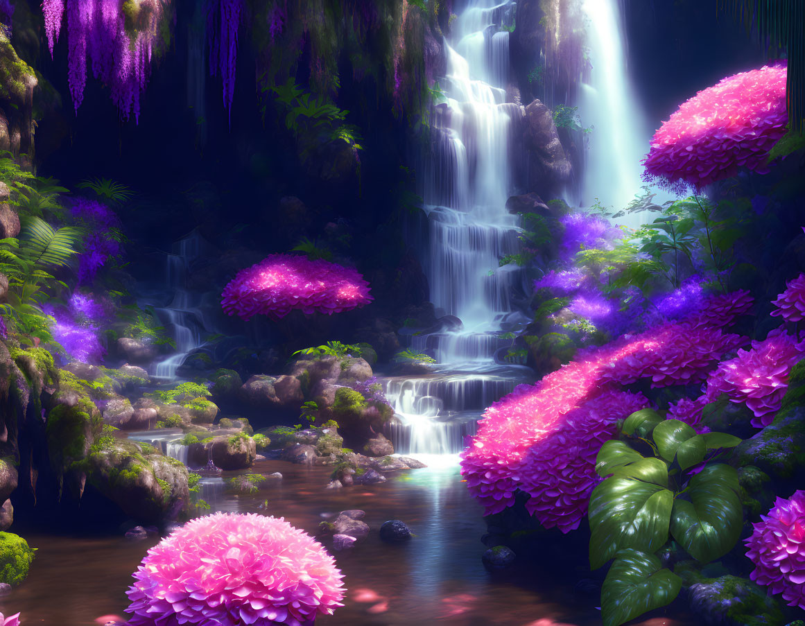 Mystical waterfall scene with pink and purple flora in lush forest