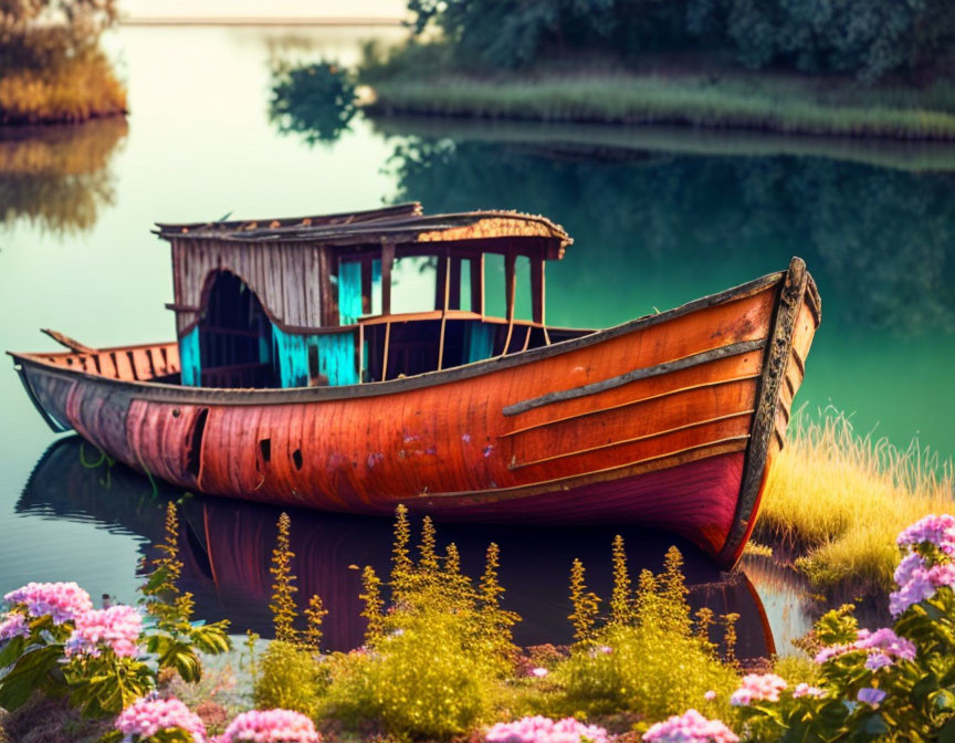 Weathered wooden boat by tranquil lake with lush foliage and pink flowers