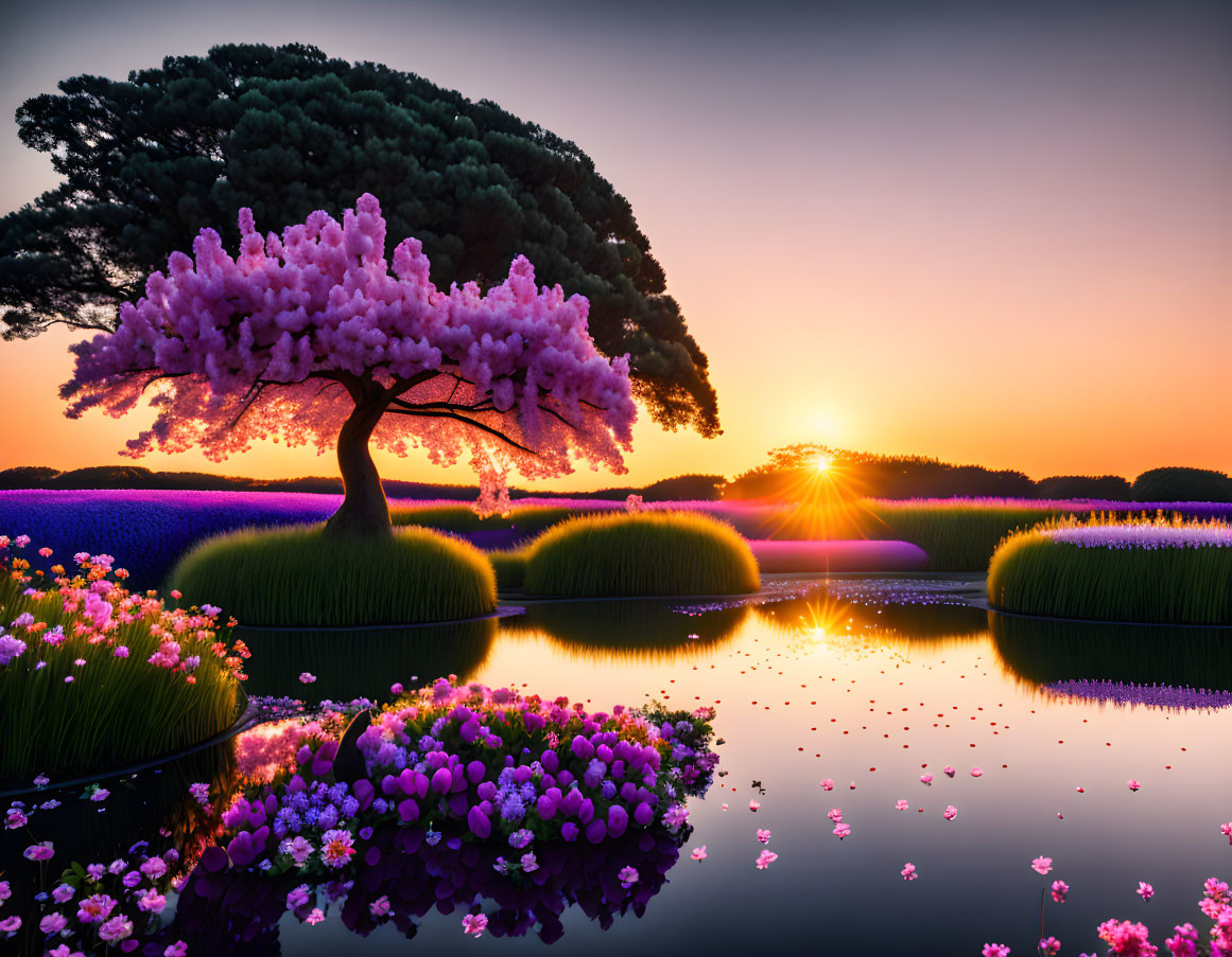Tranquil sunset landscape with cherry blossom tree and purple flowers