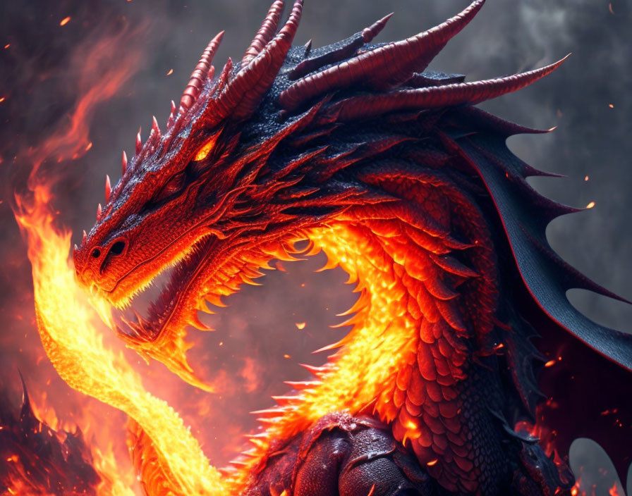 Detailed Red Dragon Exhaling Flames in Fiery Setting