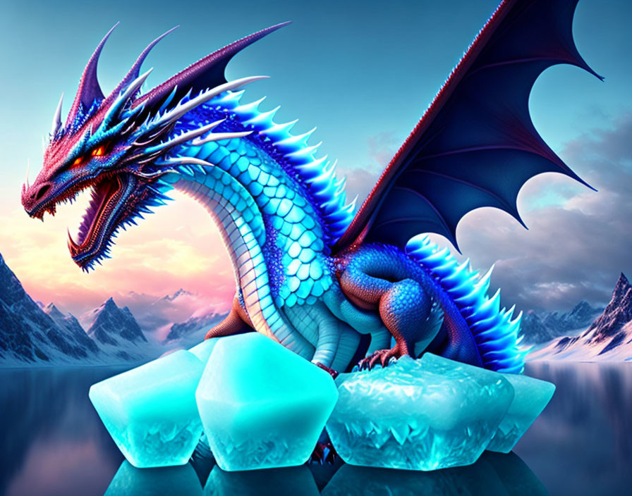 Blue dragon on icebergs in serene water with snowy mountains