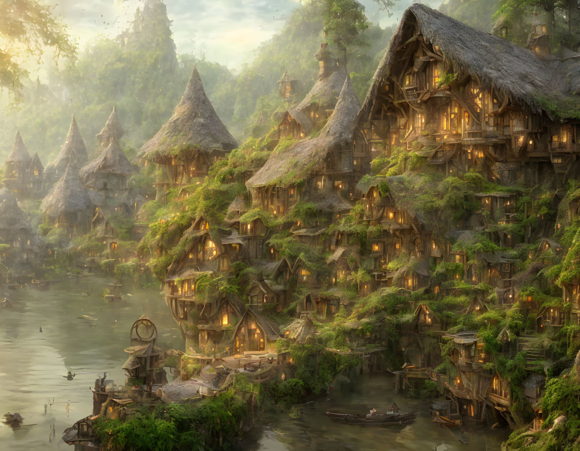 Idyllic village with thatched-roof huts on lush hillside by river at dusk