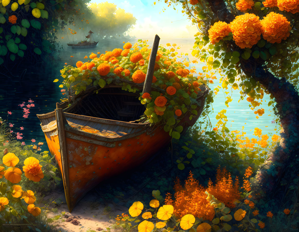Sunlit lake scene with old wooden boat and orange flowers