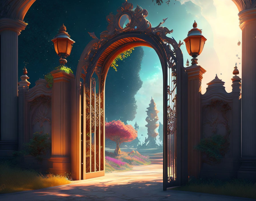 Ornate Open Gate to Fantasy Garden with Lush Trees and Pillars