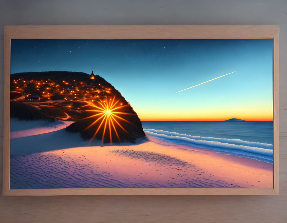 Night Beach Scene with Shooting Star and Cliffside Village in Digital Art