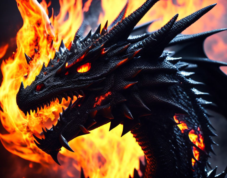 Black dragon with glowing red eyes and sharp horns in flames