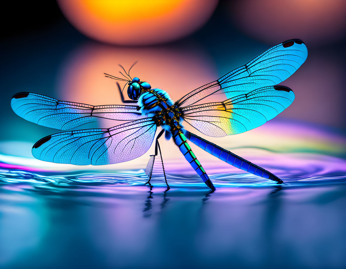 Vibrant blue dragonfly on reflective surface with colorful sunset background.