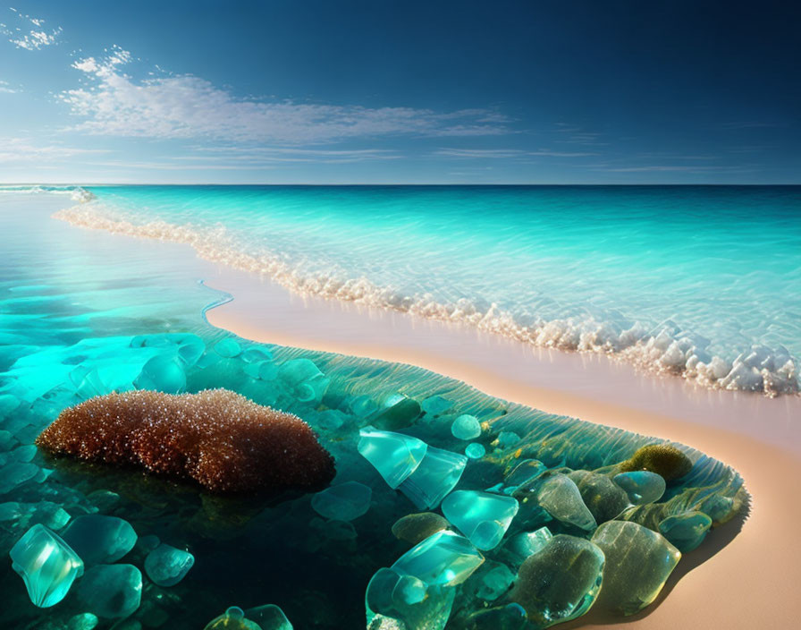 Pristine Beach with Turquoise Waters, Foam Waves, Glass Pieces, and Blue Sky