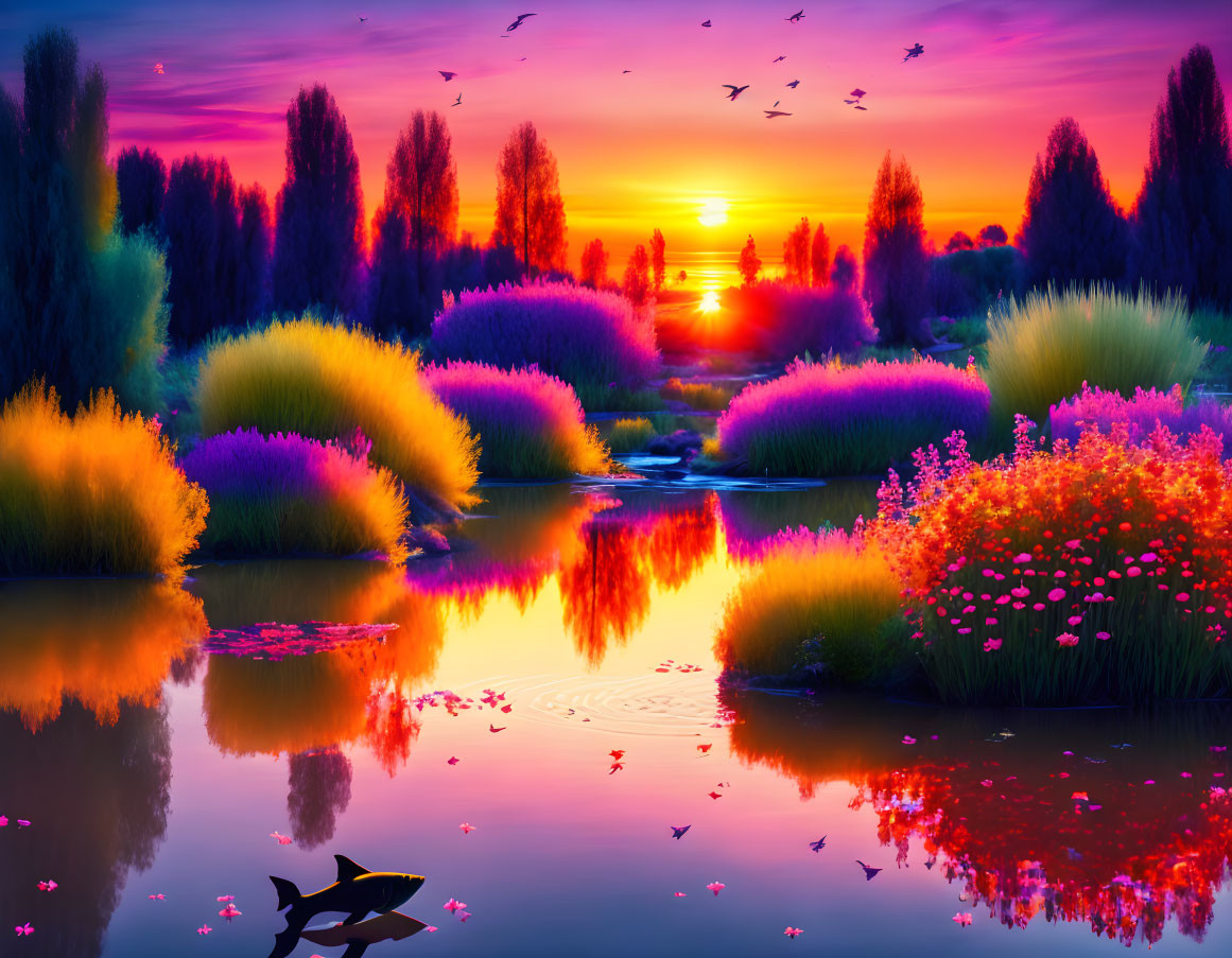 Colorful Sunset Landscape with River Reflection and Flying Birds