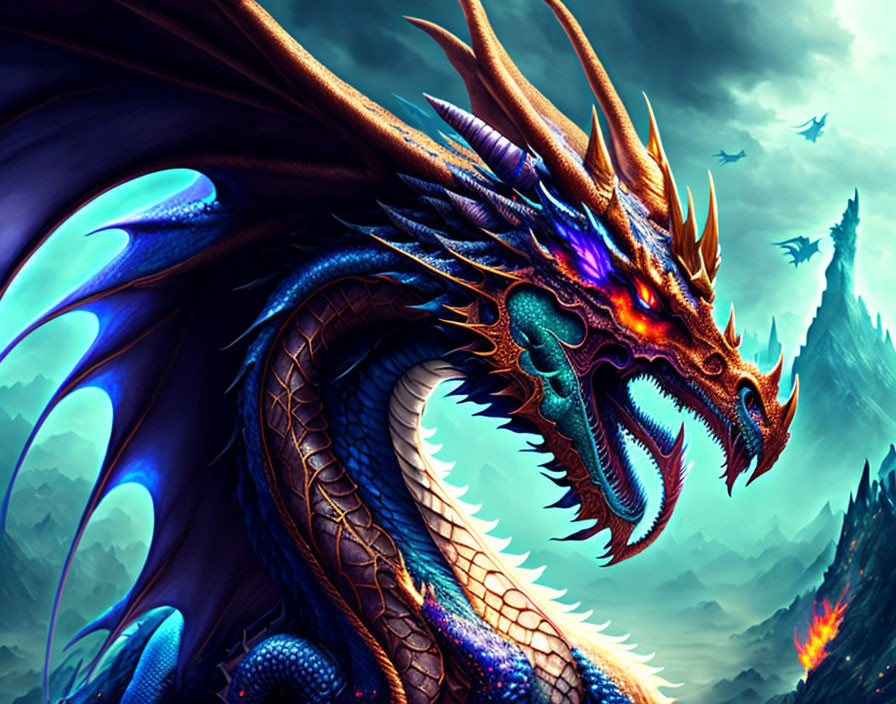Majestic blue dragon perched on cliff with glowing scales and sharp horns