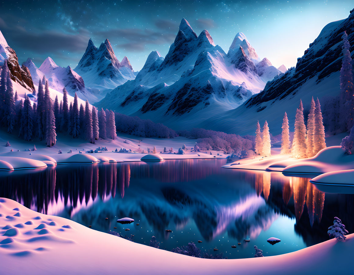Snow-covered mountains reflected in a still lake at twilight