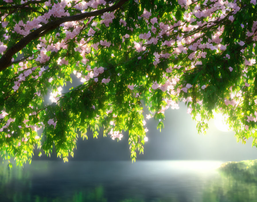 Cherry blossoms and green leaves under sunlight by tranquil river