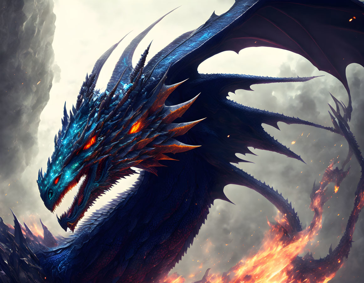 Blue Dragon with Fiery Orange Eyes in Dramatic Sky