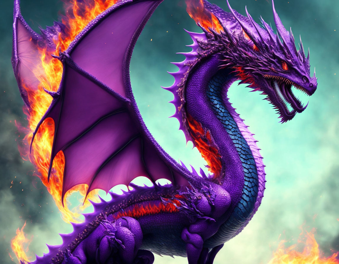 Vibrant Purple and Blue Dragon with Fiery Wings on Green Background