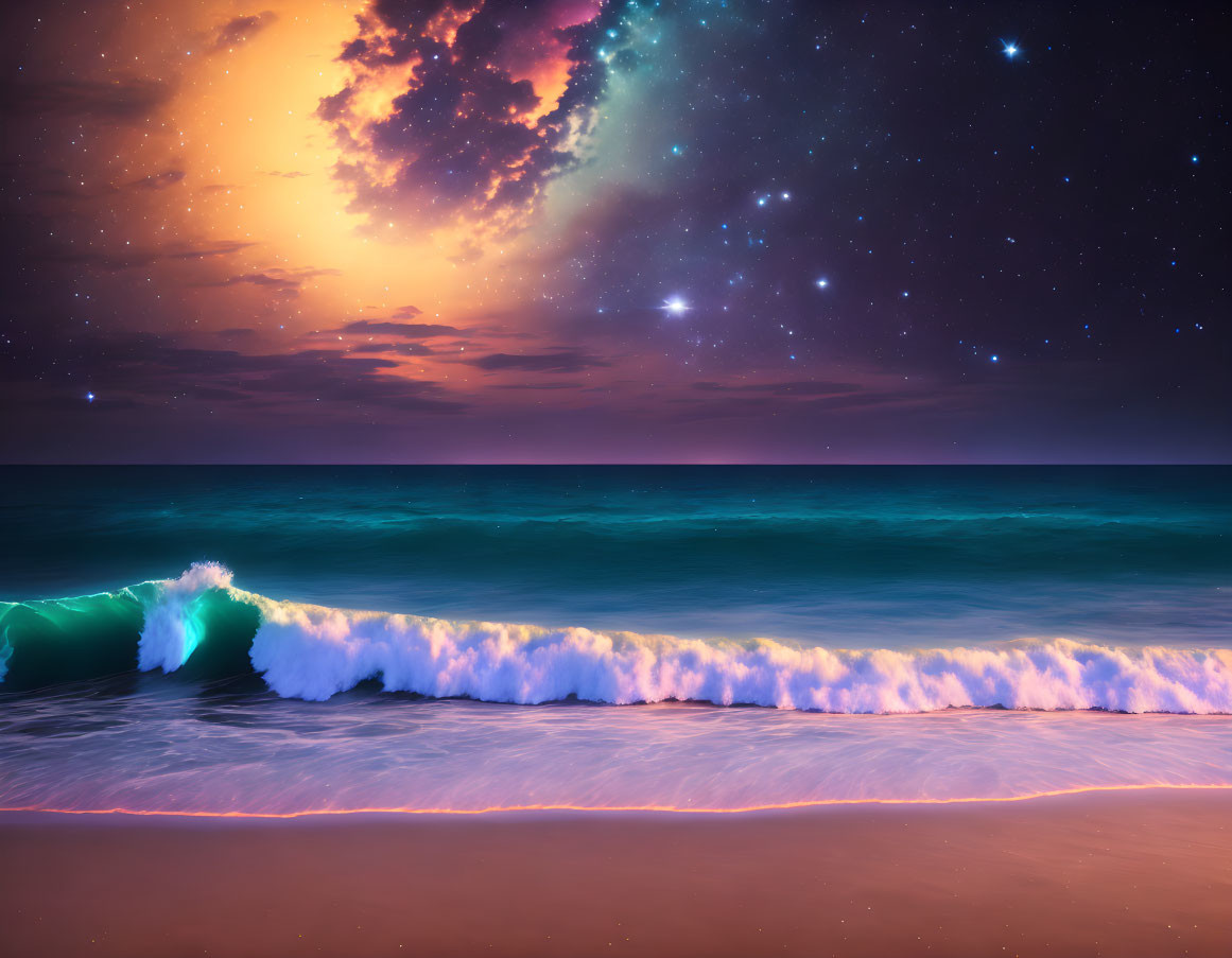 Starry night seascape with glowing waves on sandy shore