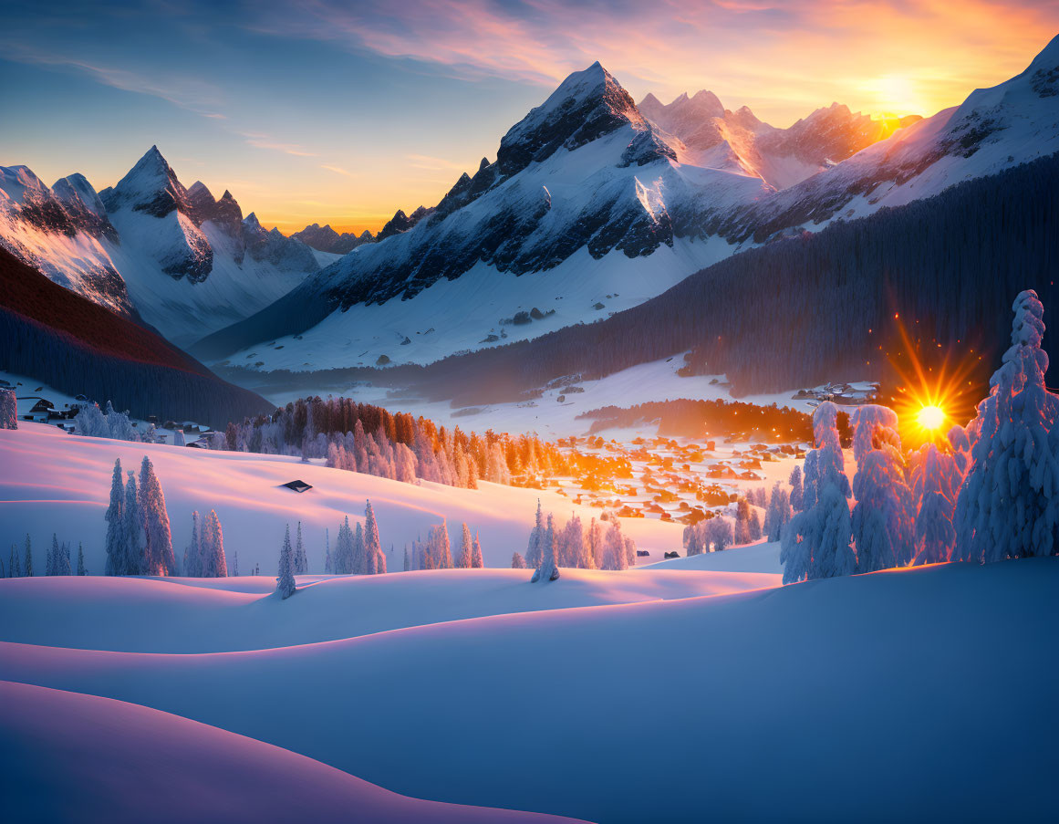 Snow-covered mountains and valley village in serene winter sunrise landscape.