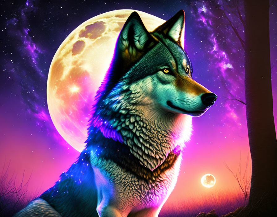 Neon wolf under night sky with moon and stars