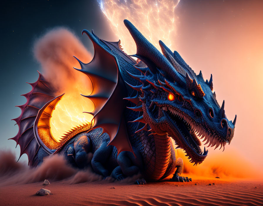 Blue dragon with glowing red eyes and fiery breath under orange sky